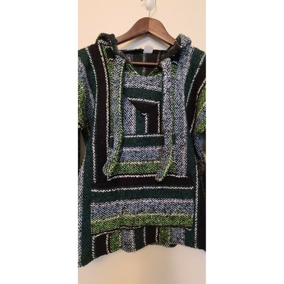 Mexican Southwest Baja Chunky Poncho Hoodie Hippie Festival Drug Rug Size Small - Picture 2 of 7